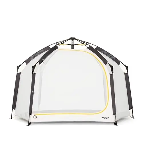 Veer Basecamp XL portable pop-up playpen set up on grass with sun canopy