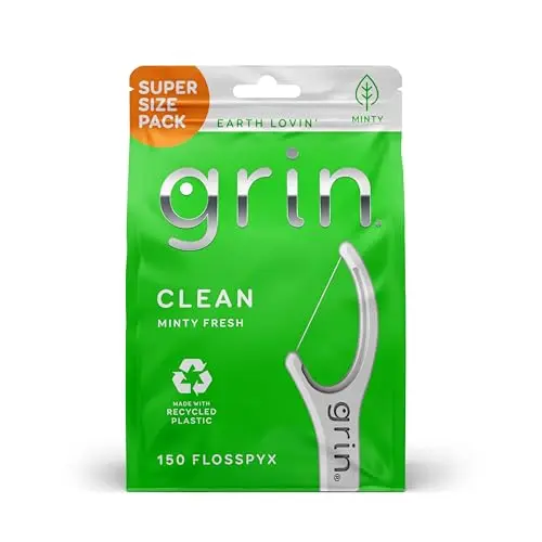 GRIN Clean Flosspyx floss picks in mint flavor, showing the longer floss head and fold-back toothpick
