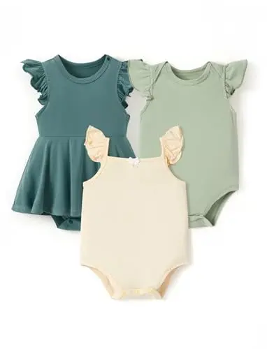 PATPAT baby girl bodysuits in mint, forest, and cream colors for 0-3 months