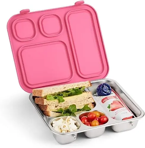 Elk and Friends pink stainless steel bento box with silicone lid