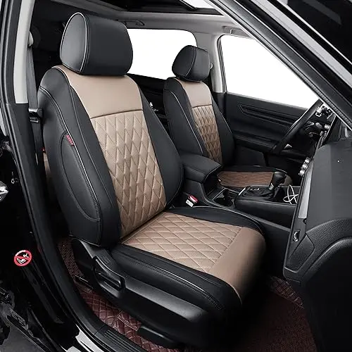 EKR Forester seat covers in sand beige/black, showing a tight fit on SUV seats with premade slits.