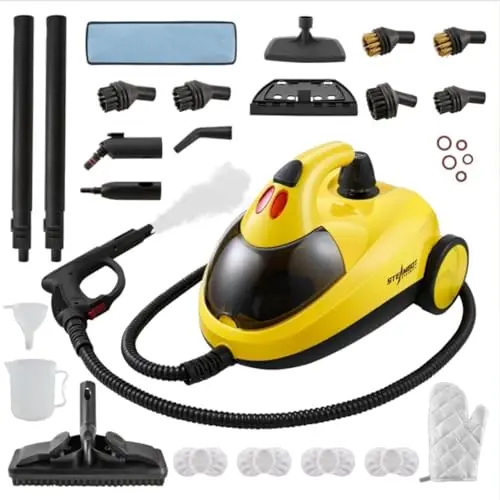 STEAMBOT yellow canister steam cleaner with attachments on a dirty tile wall
