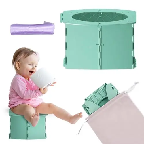 Teo Portable Toddler Travel Potty in adventure green, folded with travel bag
