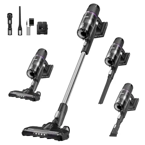 EUREKA ReactiClean cordless stick vacuum standing on a tile floor