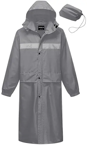 CREATMO US Men's Long Rain Poncho in Dark Gray with reflective stripes on the front and back.