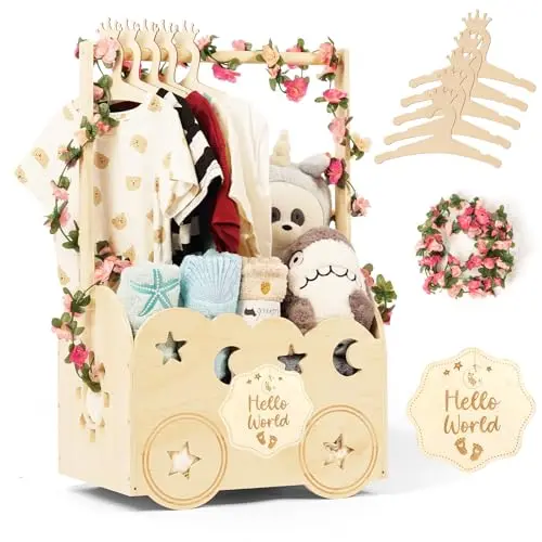 TDHZXEM wooden baby shower basket crate with a customizable chalkboard, five baby hangers, and a eucalyptus wreath for nursery organization.