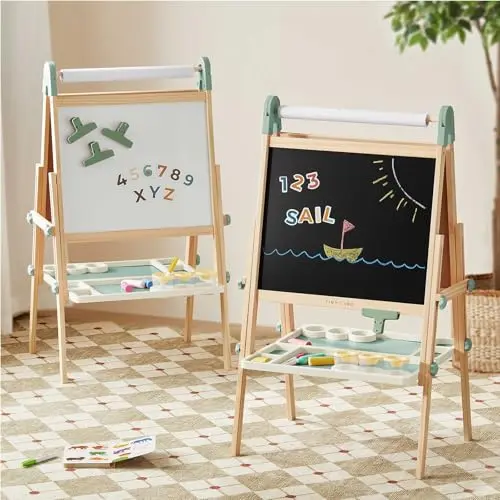 Tiny Land green wooden double-sided magnetic kids easel with drawing accessories