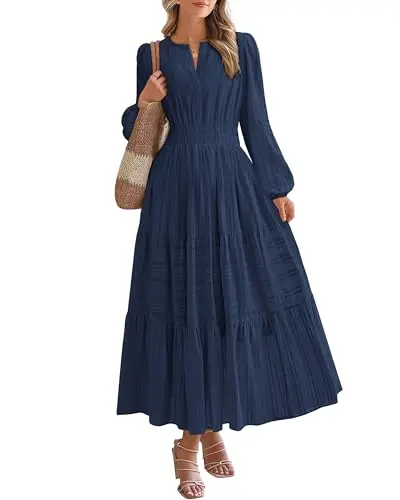 BTFBM women's navy blue long sleeve v-neck tiered maxi dress with pockets