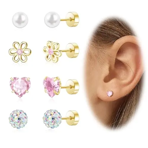 4-pair set of hypoallergenic screw flat back stud earrings for toddlers in gold and silver tones