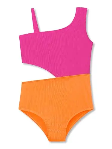 Dvenki girls one-piece swimsuit in purple and orange color block with side cut