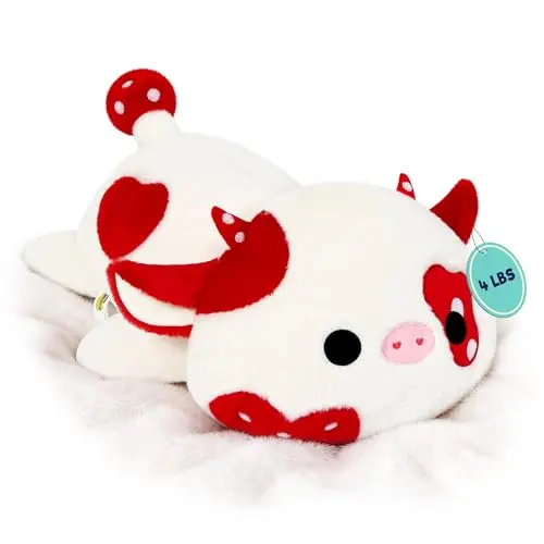 Onsoyours Weighted Mushroom Cow stuffed animal with red-and-white design