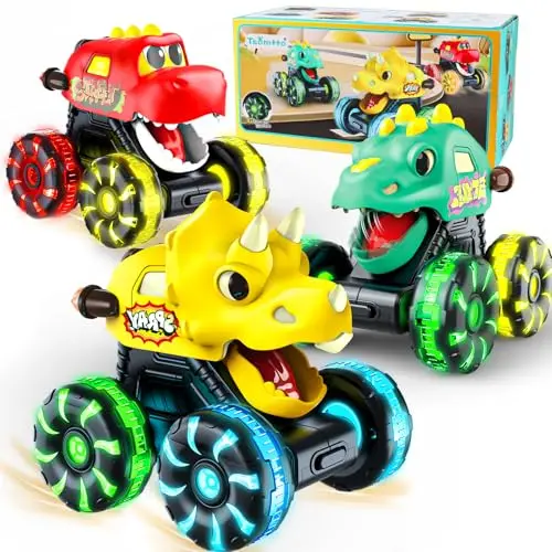 Tsomtto three-pack of dinosaur monster truck toys with light-up wheels