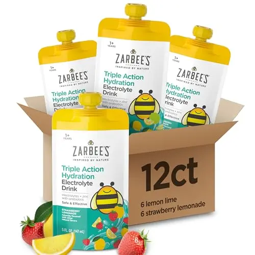Zarbee's Triple Action Hydration electrolyte drink pouches for kids in strawberry lemonade and lemon lime flavors