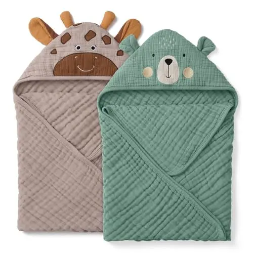 Blissful Diary muslin baby hooded towel 2-pack with bear and giraffe