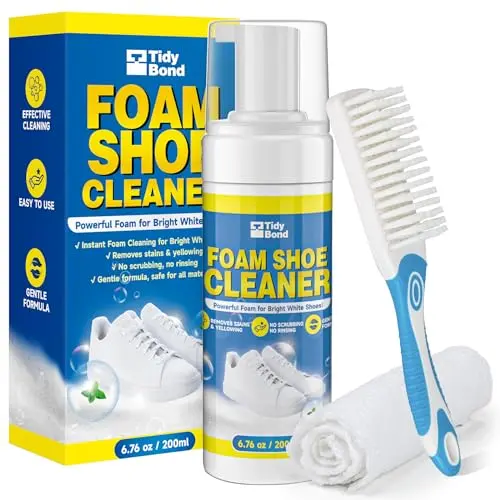 Tidybond Shoe Cleaner Kit bottle, brush, and towel on a clean white sneaker.