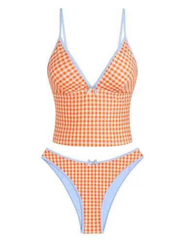Zaful high waisted tie bikini tankini set in orange with tummy control