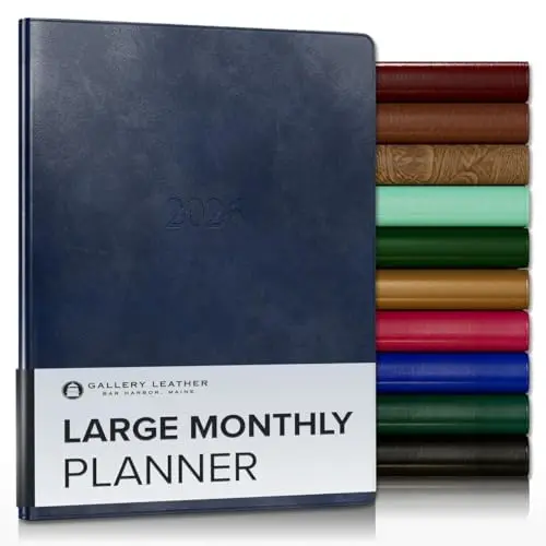 Gallery Leather Large Monthly Planner in Acadia Navy with gold-edged pages