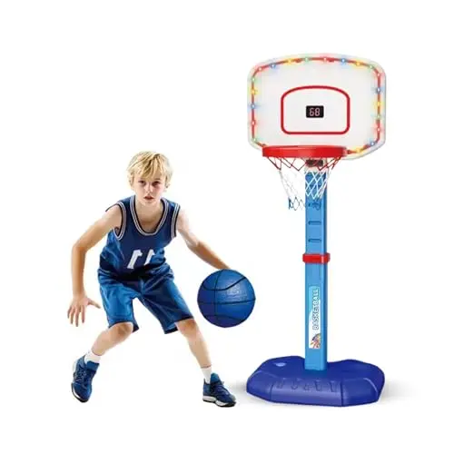 Pink kids basketball hoop with digital scoreboard and lights