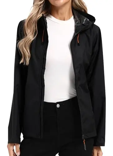 LeSies women's black rain jacket with adjustable velcro cuffs and a drawstring hem.