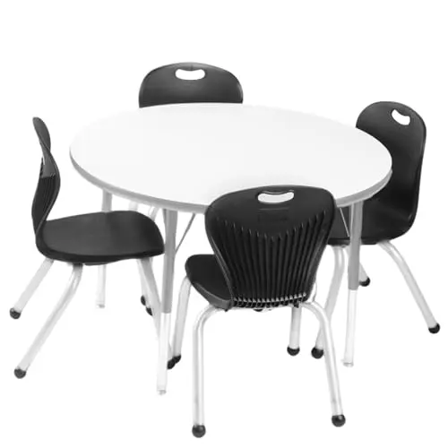 Schooled blue chairs and black-edged round table set