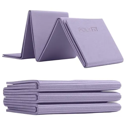 Polyfit Foldable Yoga Mat in lavender color, folded and open