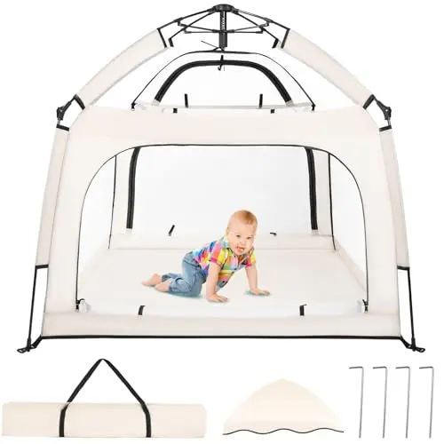 Beige Bend River playpen tent with a zippered door and mesh walls, shown outdoors.