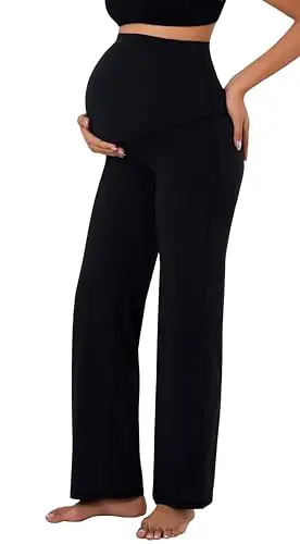 Sunzfly black flowy maternity wide-leg pants with a high-rise elastic waist
