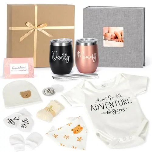 Gender-neutral new parents gift basket with photo album, tumblers, and baby clothes