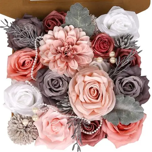 ASTRYAS artificial flower combo box with gray and dusty pink silk blooms