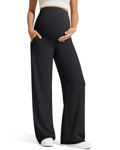 G4Free black maternity work pants with a wide leg and pockets, shown in a professional setting.