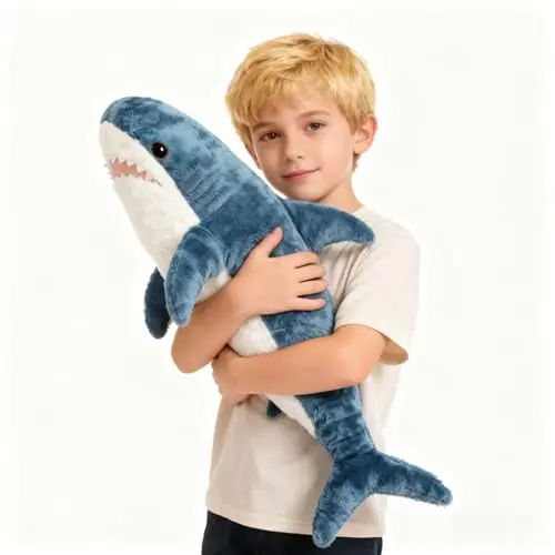 Djungelskog shark plush toy in blue with a friendly smile, shown in a large size suitable for cuddling or decor