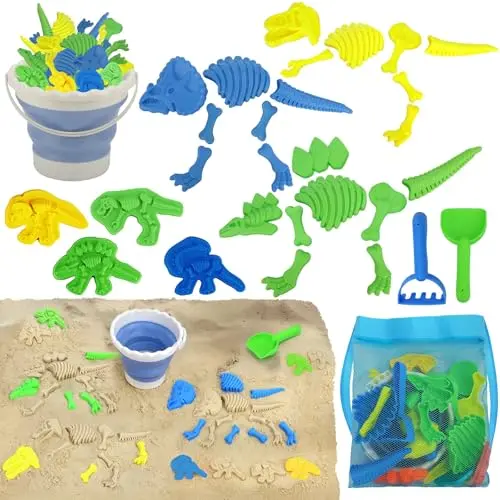 Dinosaur fossil beach toy set with collapsible bucket and digging tools