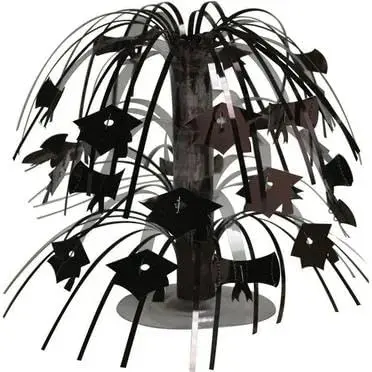 PMU graduation cap mini cascade table centerpiece with black and gold foil streamers, standing 7.5 inches tall