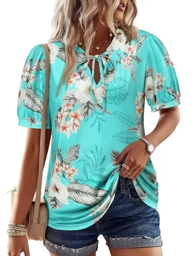Ezcosplay Hawaiian shirt with drawstring v-neck and puff sleeves in flamingo tropical print