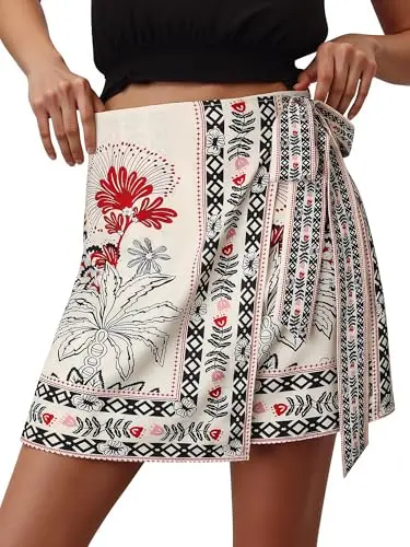 Ezcosplay Women Floral Wrap Short Skirt in black
