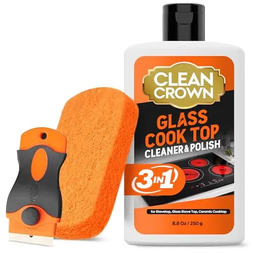 CleanCrown 3-in-1 Cooktop Cleaner Kit with bottle, pad, and scraper