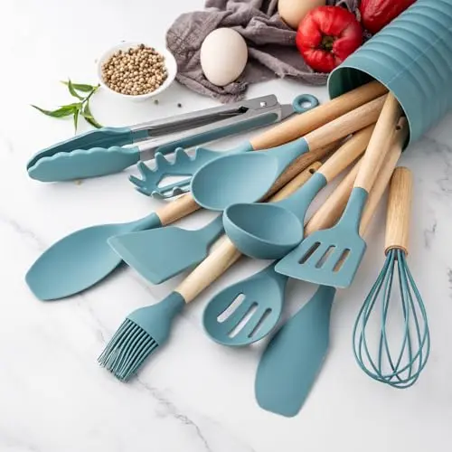 KSENDALO aqua silicone utensil set with wooden handles and holder