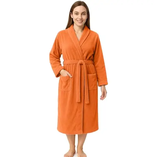 RIVERSIDE Cotton Terry Bathrobe in orange, showing shawl collar and belt