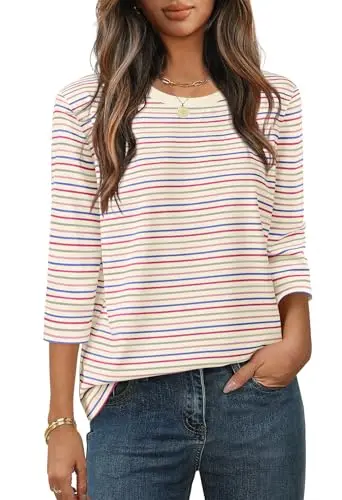 Merokeety Women's 3/4 Sleeve Striped Top in beige with colorful stripes and crewneck