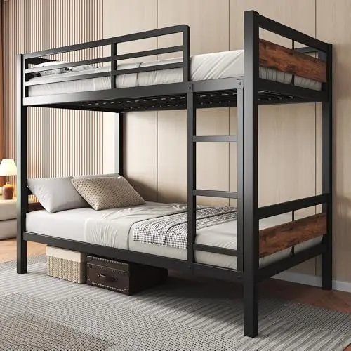 Feonase vintage brown metal twin over twin bunk bed with ladder and guardrail