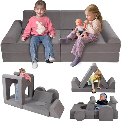 Winhomish 12-piece grey modular kids couch configured as a sectional sofa.