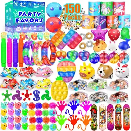 Large assortment of 150 fidget toys including pop bubbles, squishies, and pull-back toys