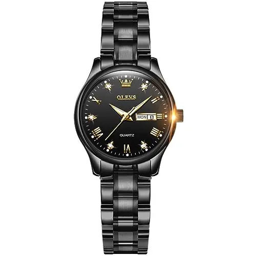 OLEVS black women's watch with gold dial and diamond markers
