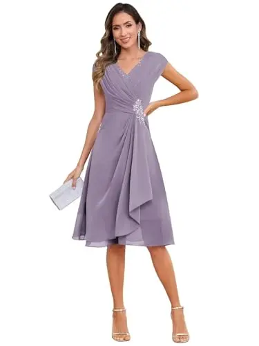 VCCICANY short mother of the groom dress with ruched detailing, cap sleeves, and chiffon fabric in wisteria color