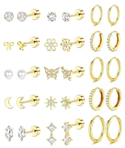 LOLIAS 14K gold plated flat back earrings set for girls and women, featuring studs, hoops, and dangle earrings for multiple piercings.