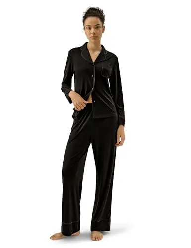 LilySilk women's long silk jersey pajama set with rounded collar