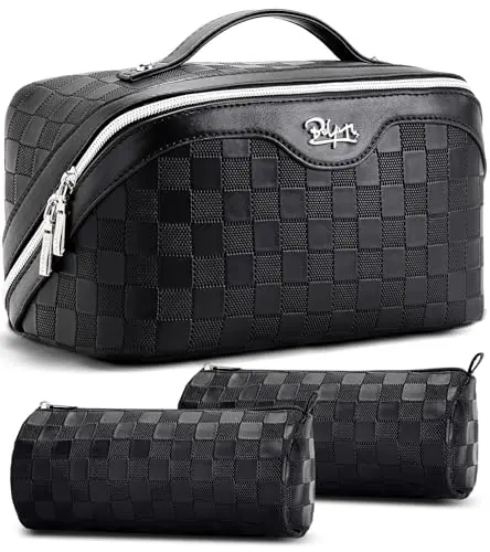 BOYATU set of three black vegan leather makeup bags with handles