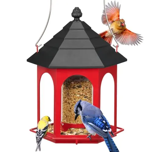 Kingsyard red metal and clear plastic tube bird feeder for cardinals and finches.