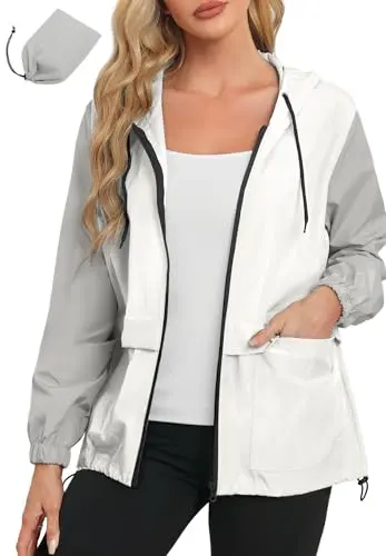 Zando women's gray and white colorblock rain jacket with an adjustable hood.