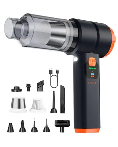 VNOST V9 PRO Charcoal Black handheld car vacuum with multiple nozzle attachments